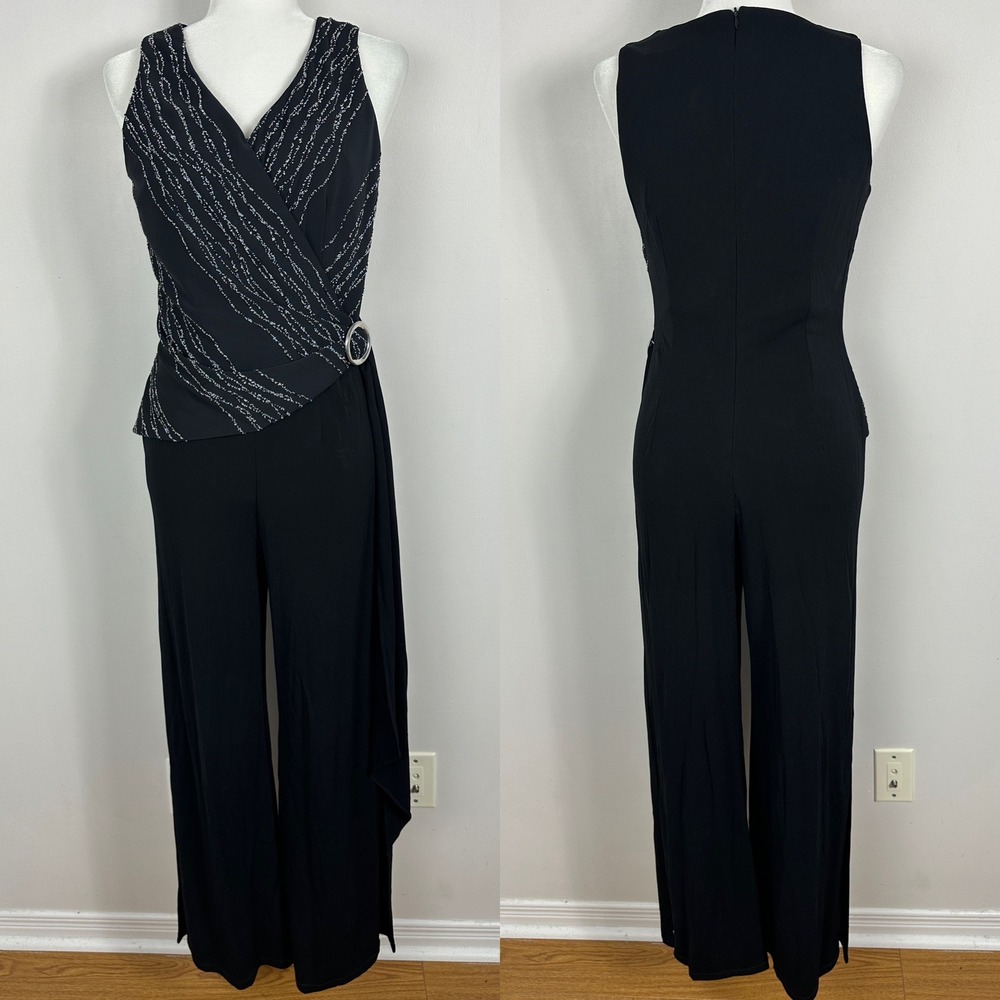 Vintage Joseph Ribkoff Couture Black Beaded Jumpsuit Wide Leg Womens Size 8 Wrap